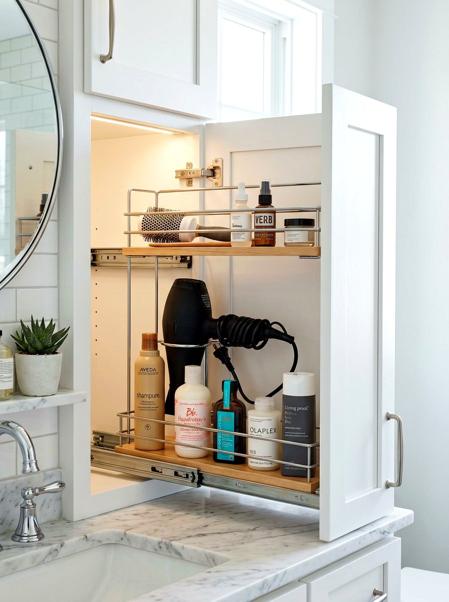 Pull out bathroom cabinet organizer - 30 hair tool storage ideas