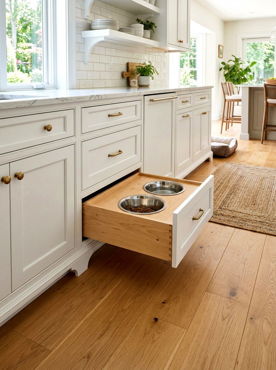 Pull out dog bowl drawer - 30 pet nook apartment ideas