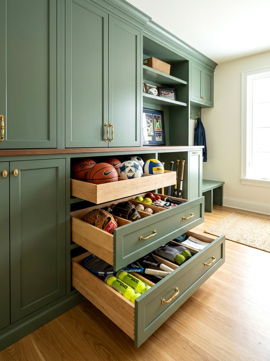 Pull out drawer station - 30 sports gear mudroom ideas