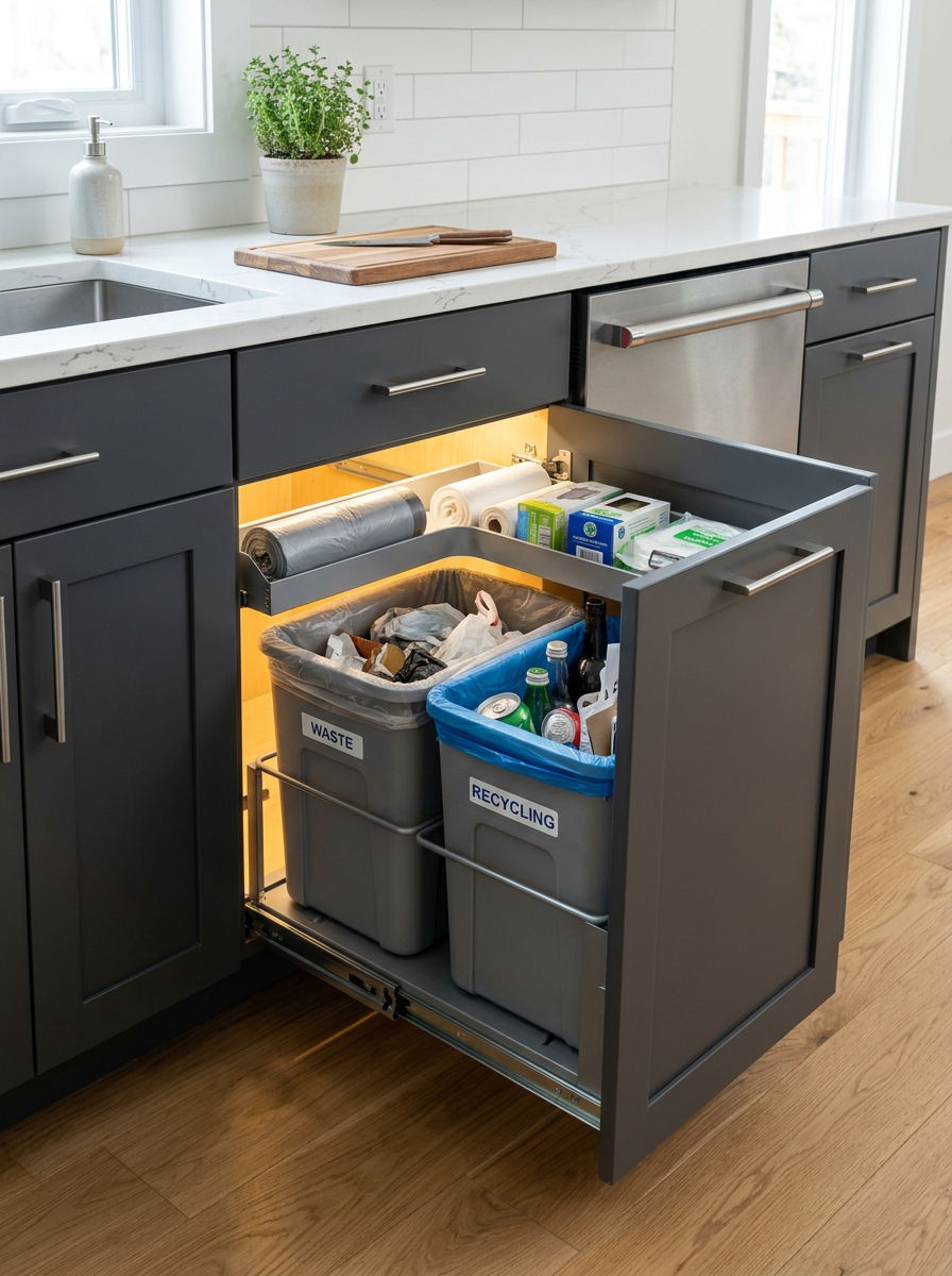 Pull out kitchen trash bin - 30 vertical drawer storage ideas