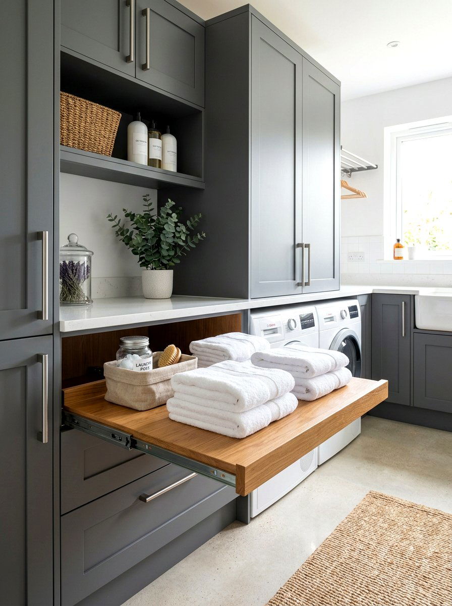 Pull out laundry folding shelf - 30 laundry room folding station ideas