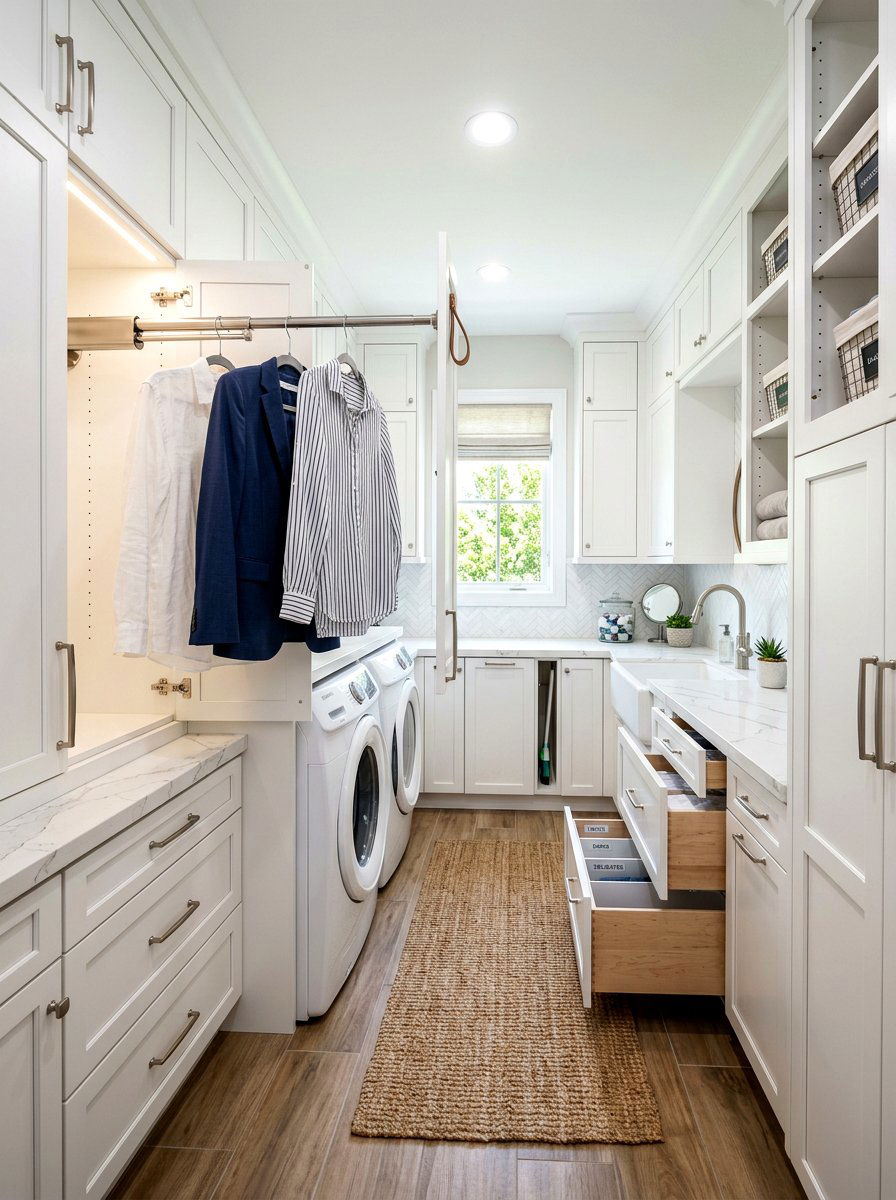 Pull out laundry valet rod - 30 laundry room hanging rod ideas