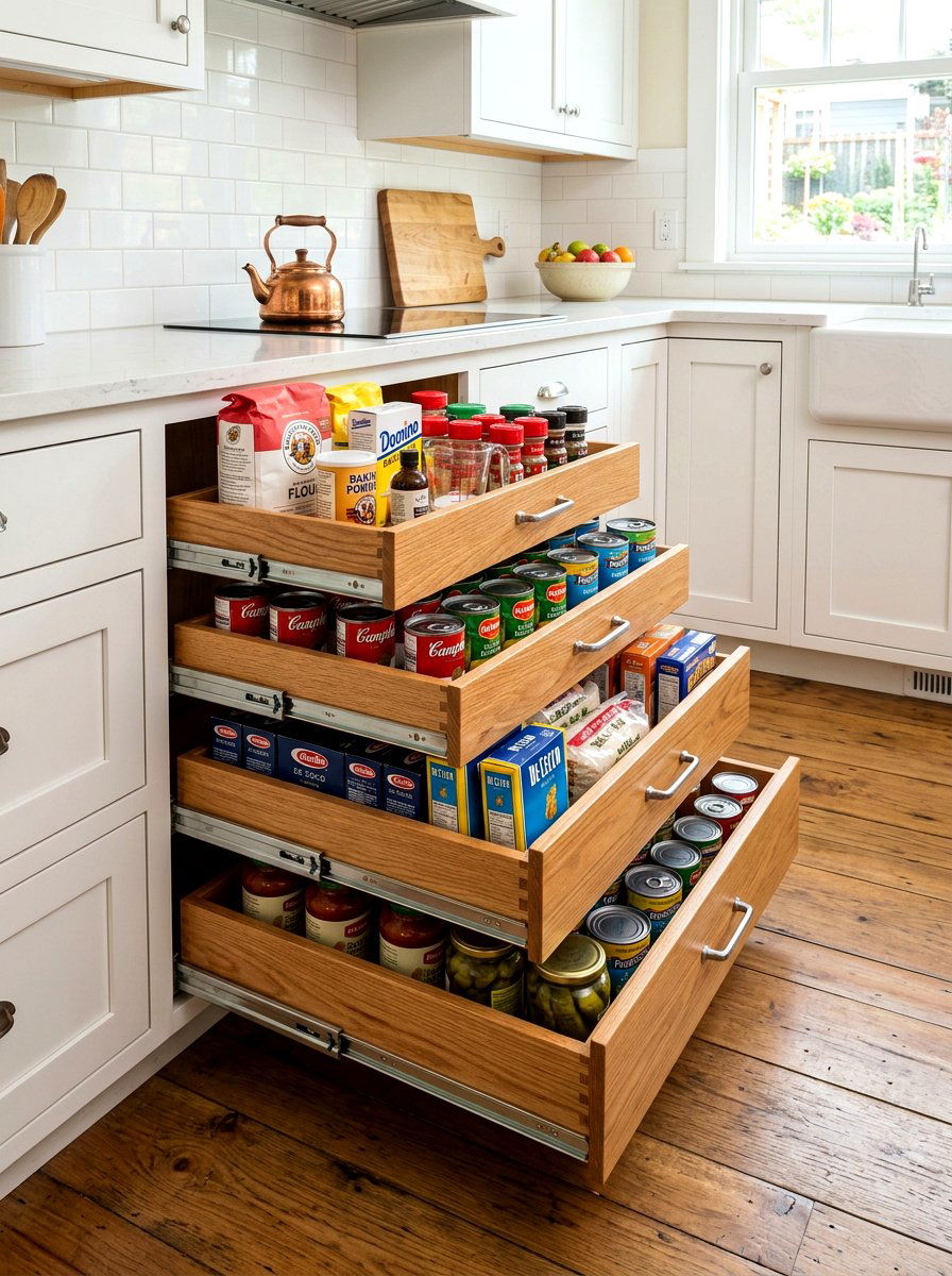 Pull out pantry drawers - 30 farmhouse pantry shelving ideas
