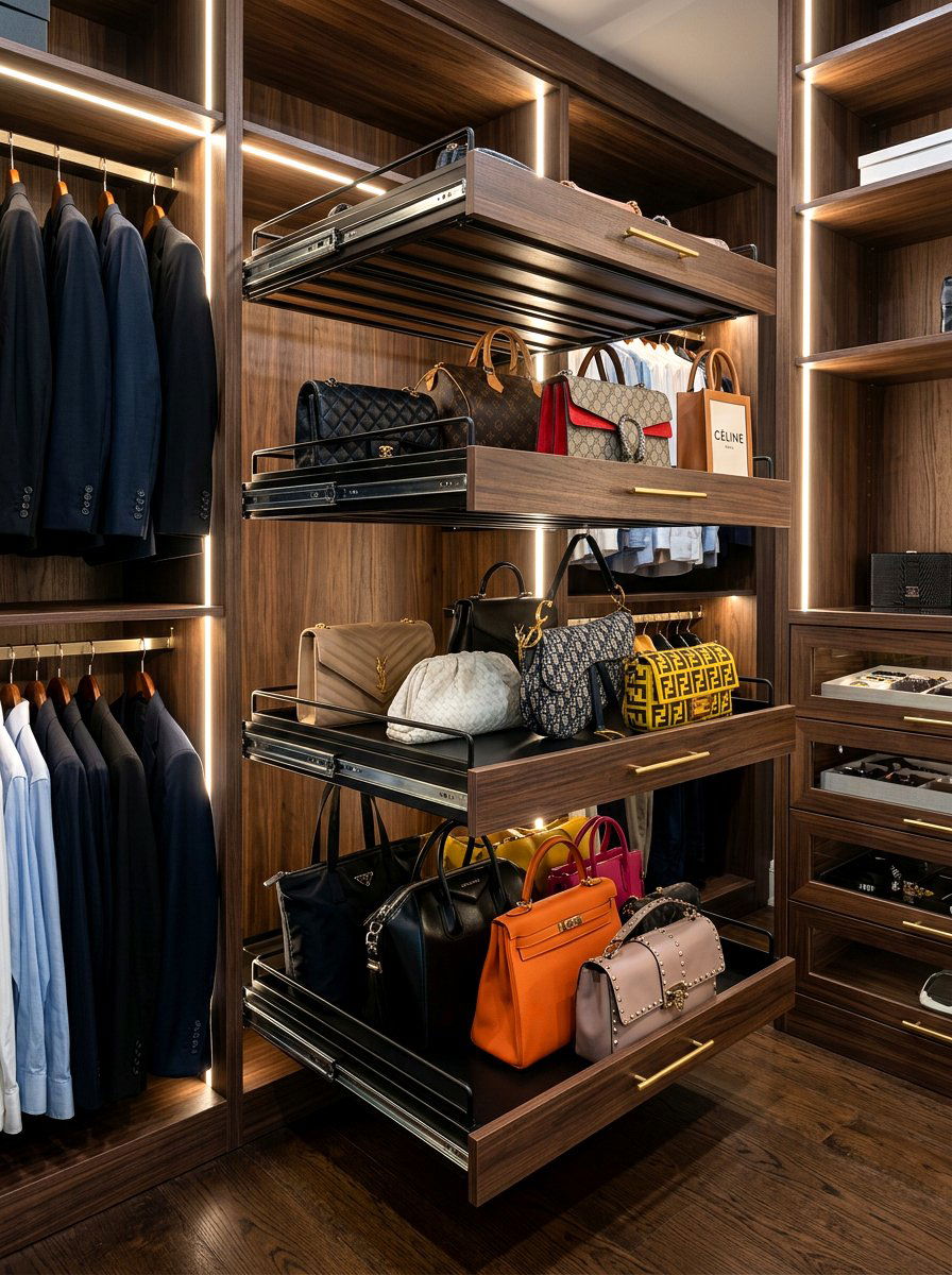 Pull out purse storage racks - 30 purse display closet ideas