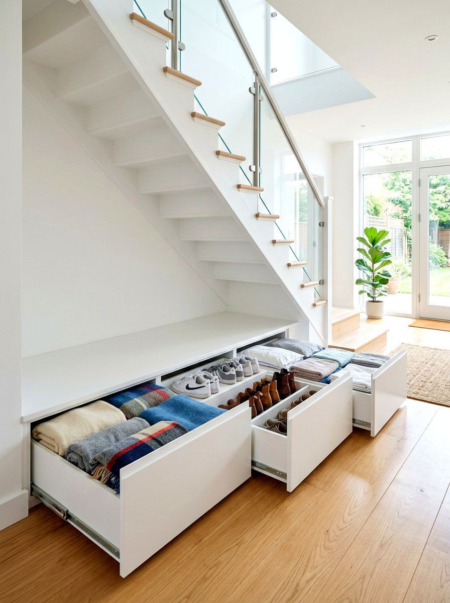 Pull out storage under stairs - 30 stair nook decor ideas