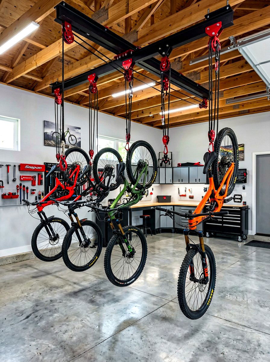 Pulley system bike hoist - 30 garage ceiling storage ideas