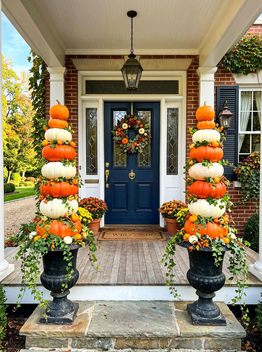 Pumpkin Topiary Porch Pillar - 30 Halloween porch ideas
