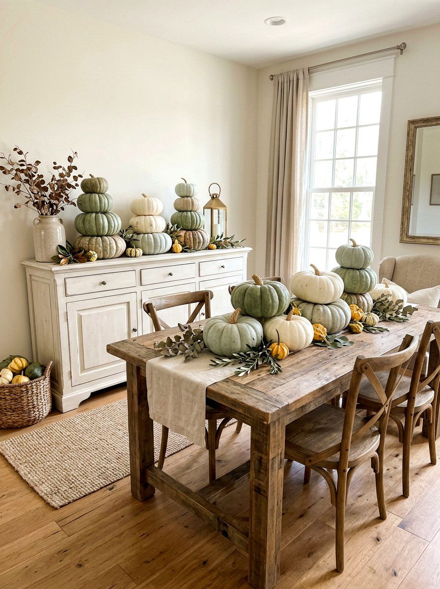 Pumpkin and gourd display - 30 fall dinner party home ideas