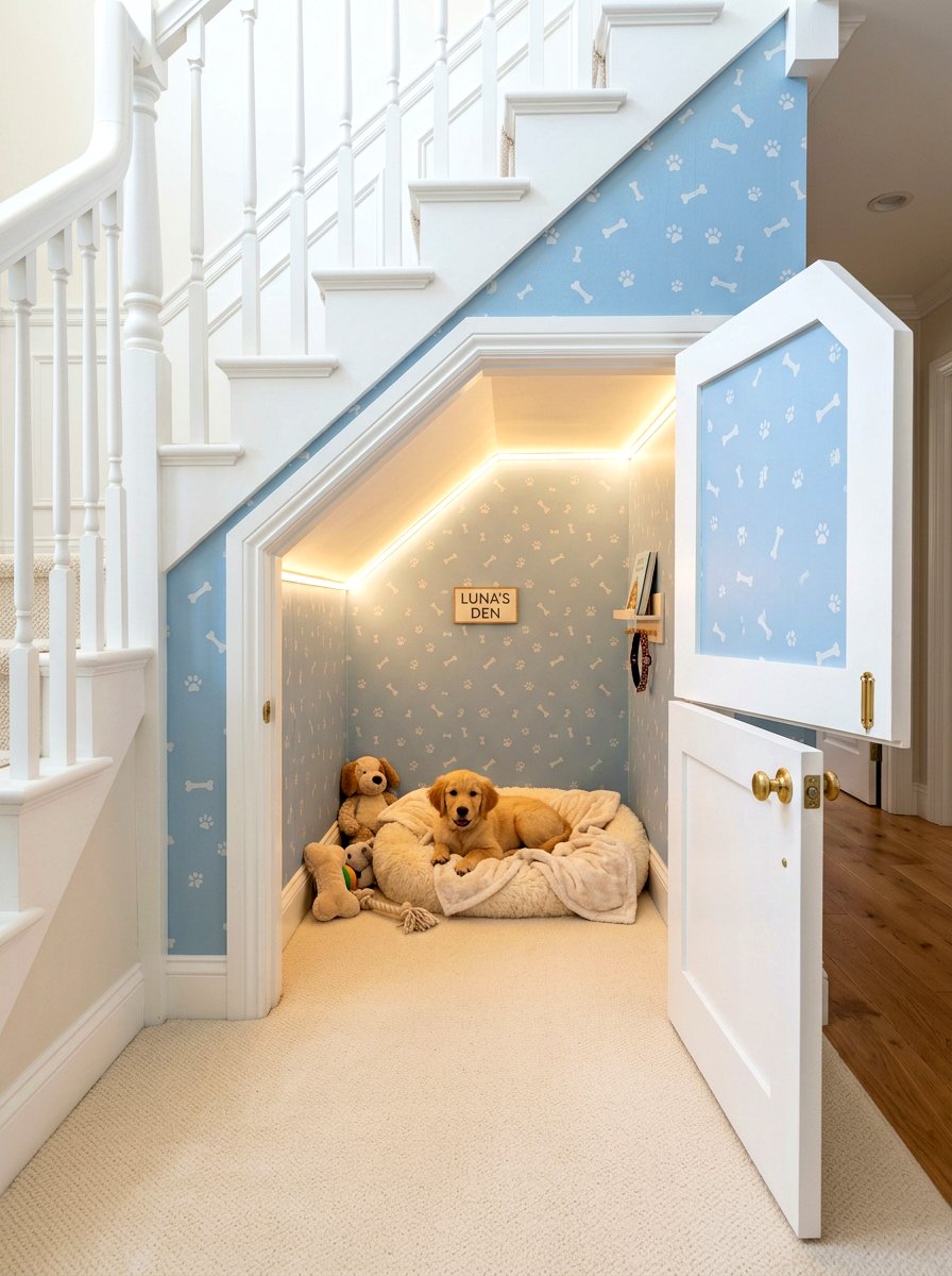 Puppy Den Under Stairs - 30 under staircase pet nook ideas