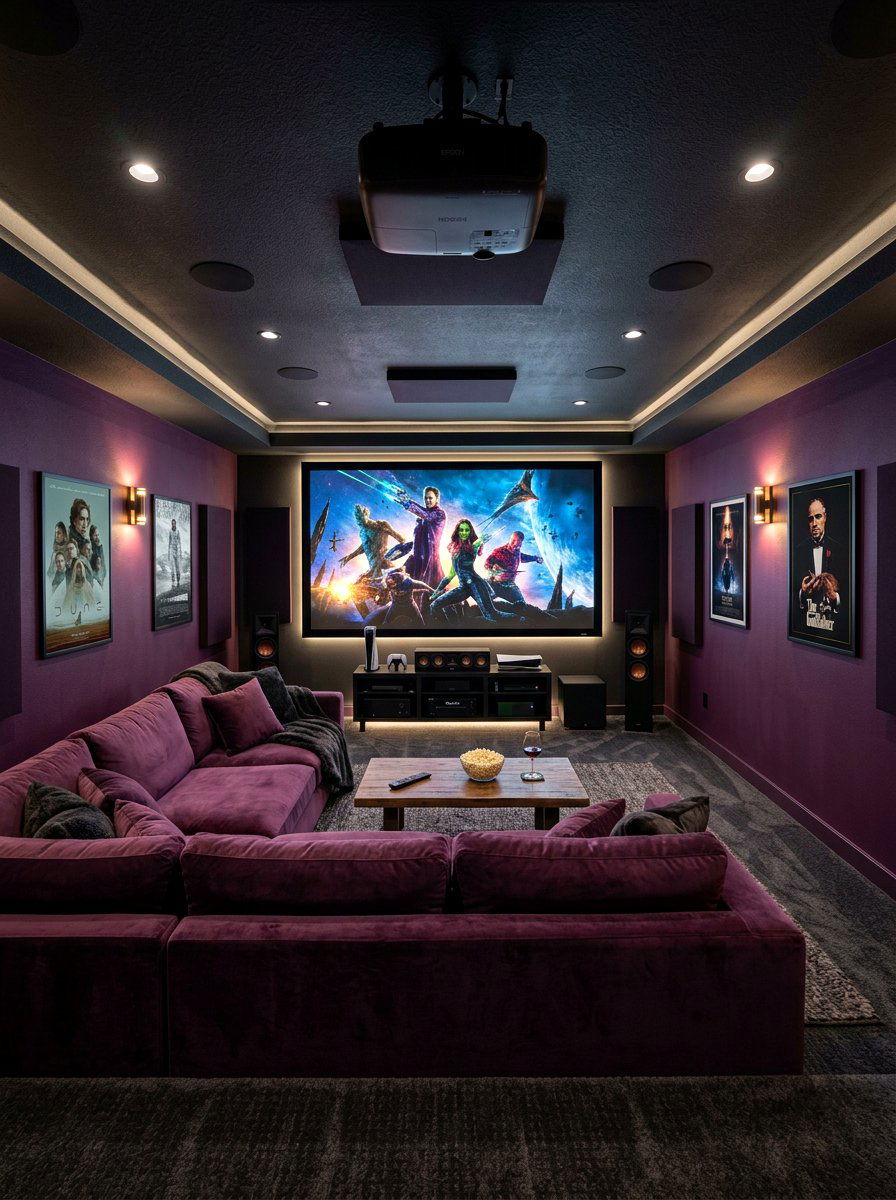 Purple And Charcoal Media Room - 30 color blocked room ideas