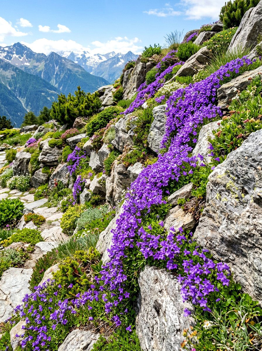 Purple Campanula rockery - 30 blue and purple garden ideas