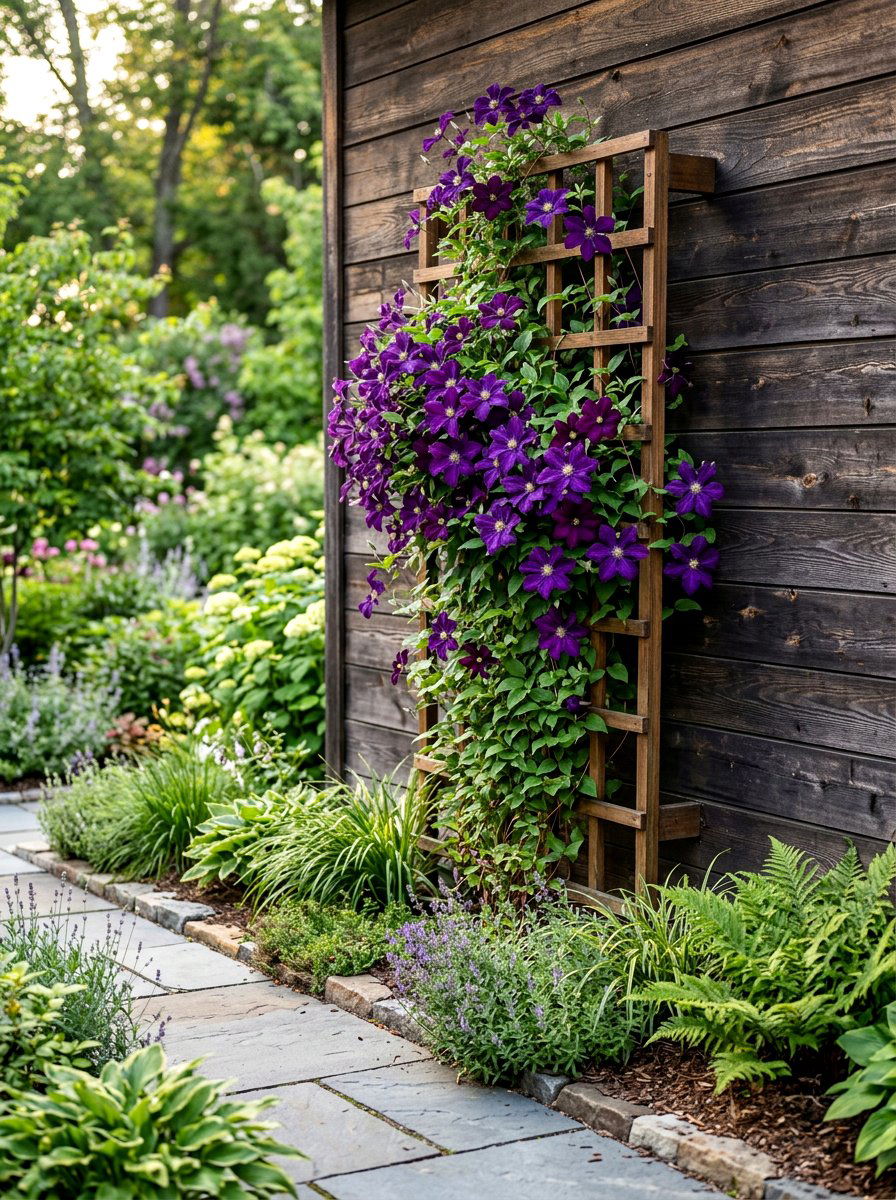 Purple Clematis trellis - 30 blue and purple garden ideas