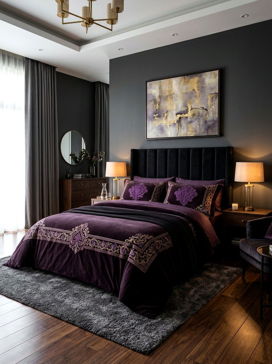 Purple Embroidery Trim Bedding - 30 contrast trim bedding ideas