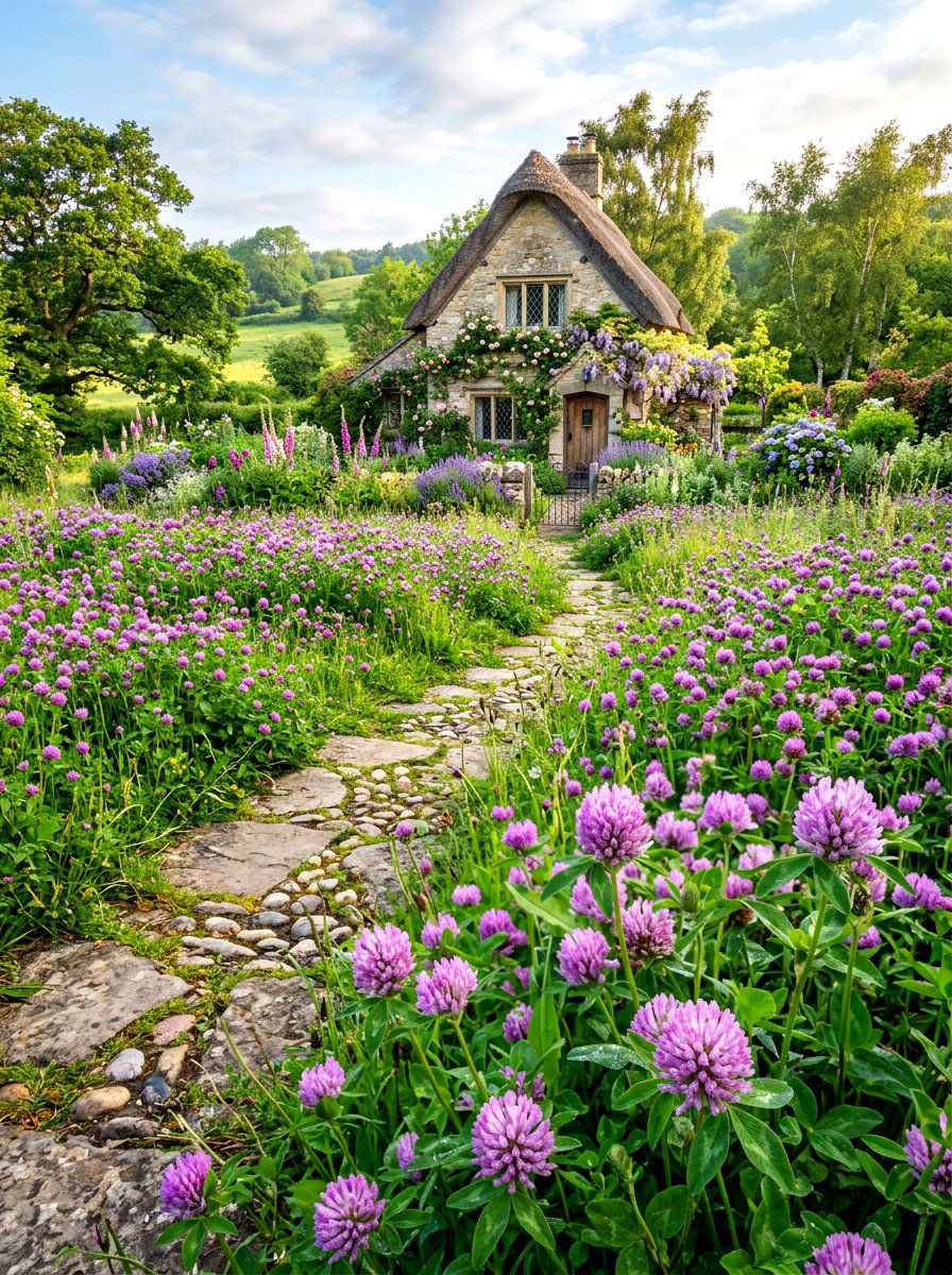 Purple Flower Clover Yard - 30 clover front lawn ideas