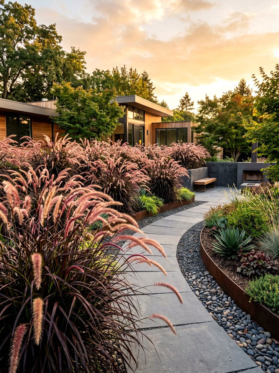 Purple Fountain Grass modern garden - 30 blue and purple garden ideas