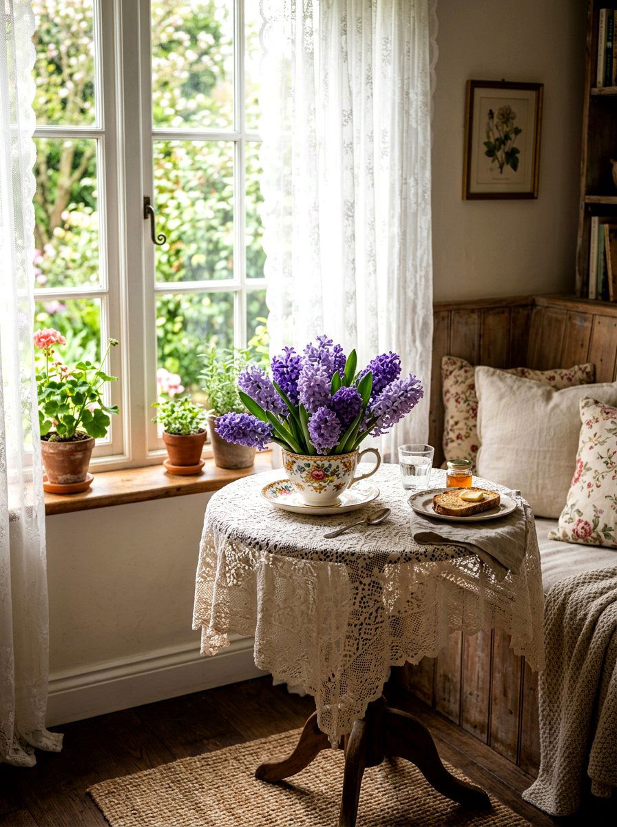 Purple Hyacinths In Vintage Teacup - 30 spring flower arrangement ideas
