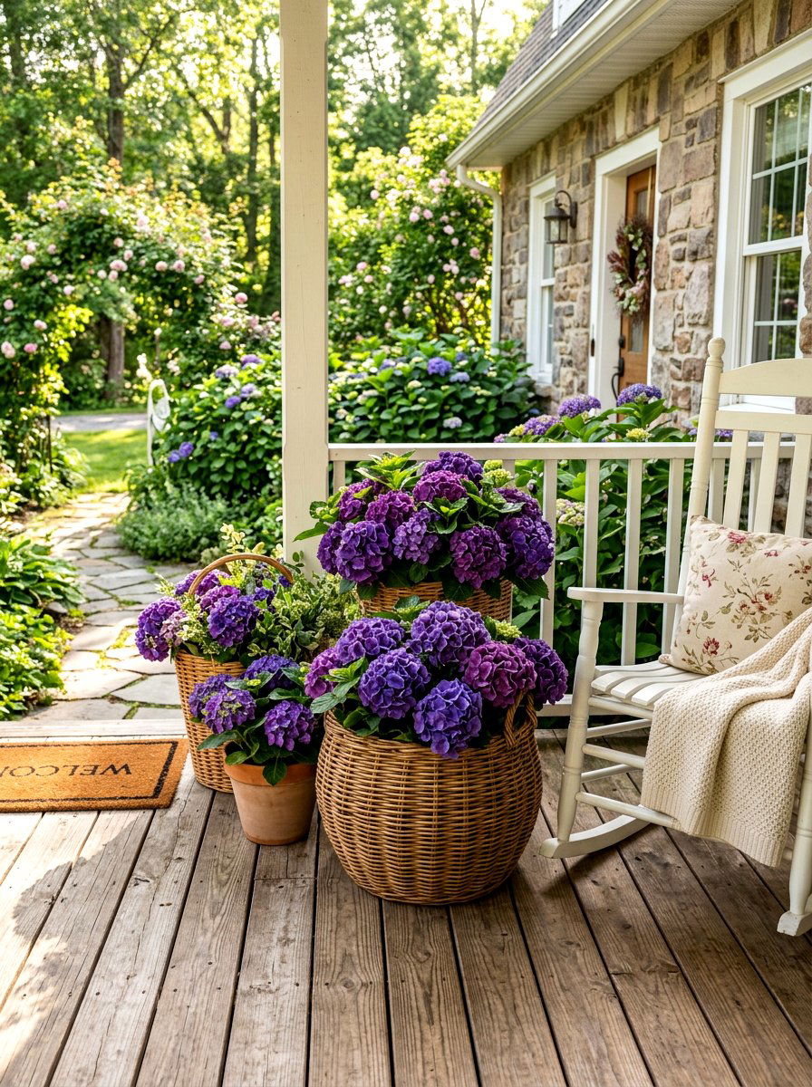 Purple Hydrangea Basket Display - 30 front porch hydrangea ideas