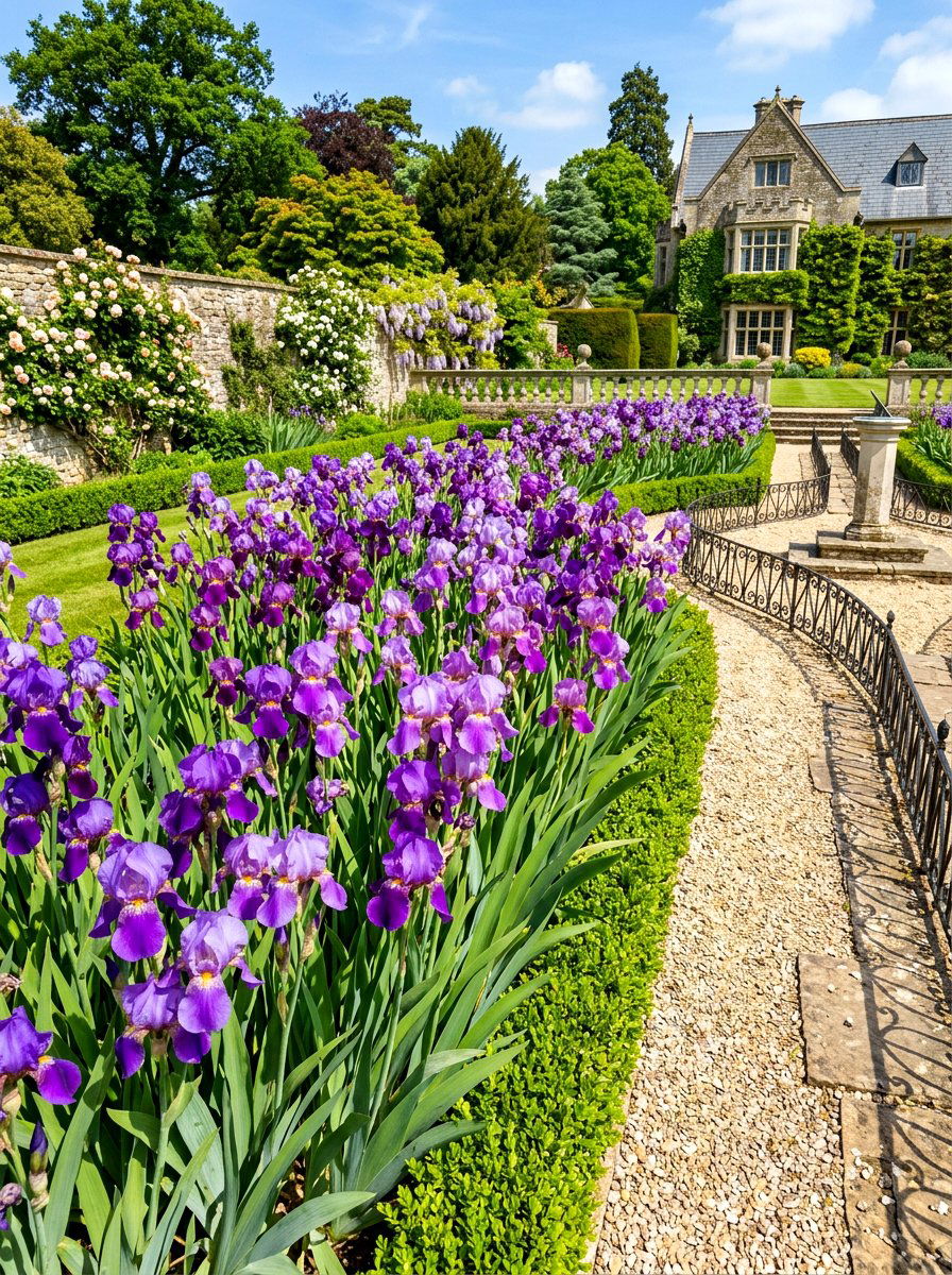 Purple Iris flower bed - 30 blue and purple garden ideas
