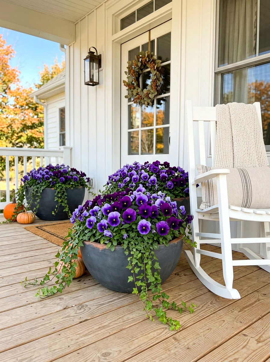 Purple Pansies Fall Container - 30 fall porch planter ideas