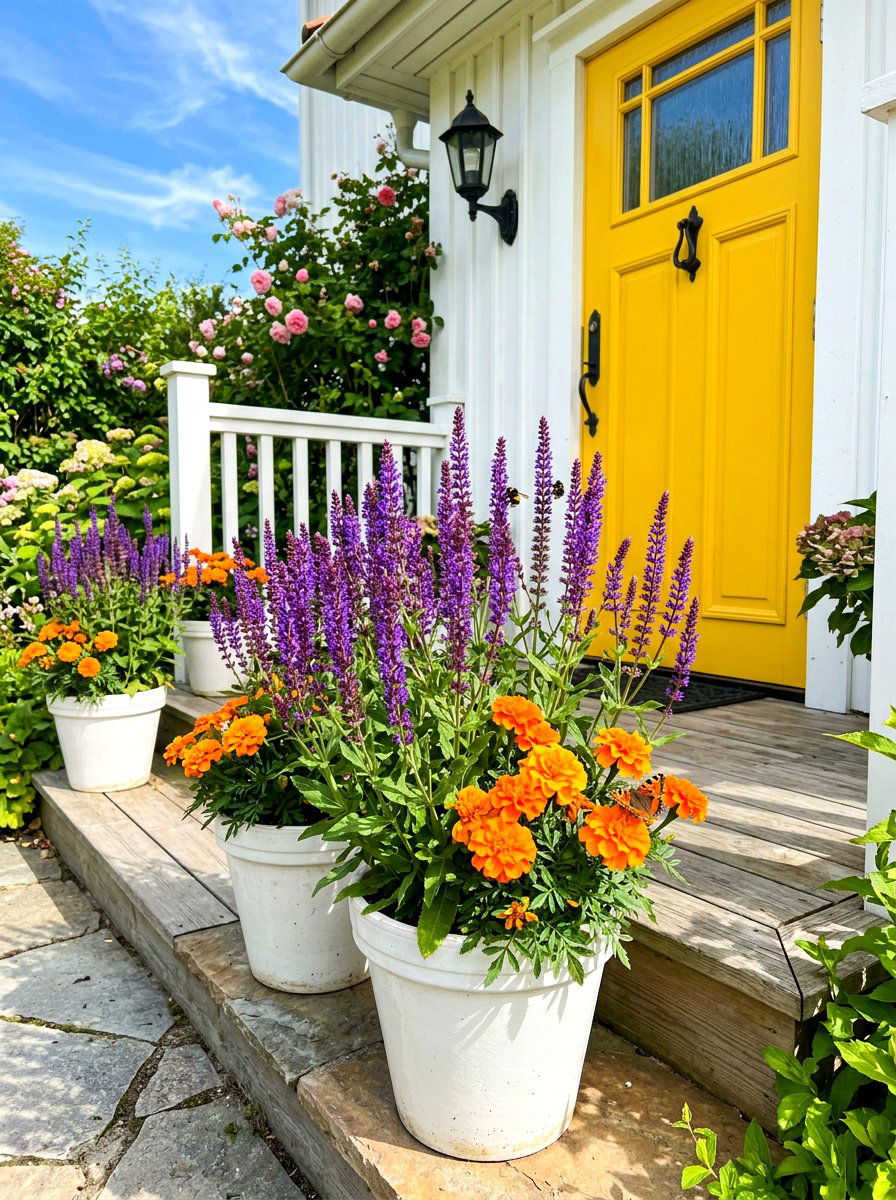 Purple Salvia and Marigolds - 30 porch planter arrangement ideas for summer