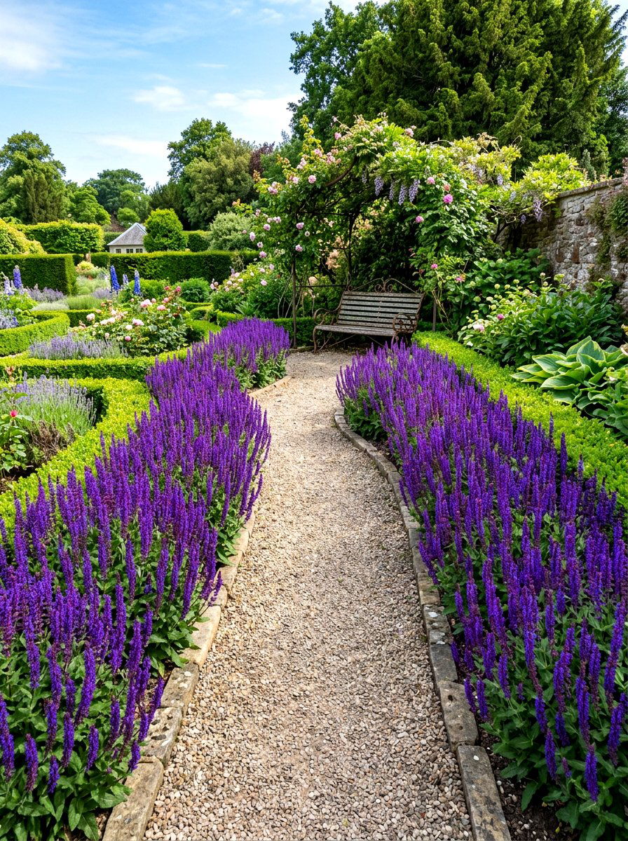 Purple Salvia pathway - 30 blue and purple garden ideas