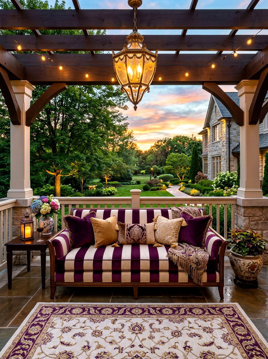 Purple Striped Elegant Porch Sofa - 30 striped outdoor cushion porch ideas