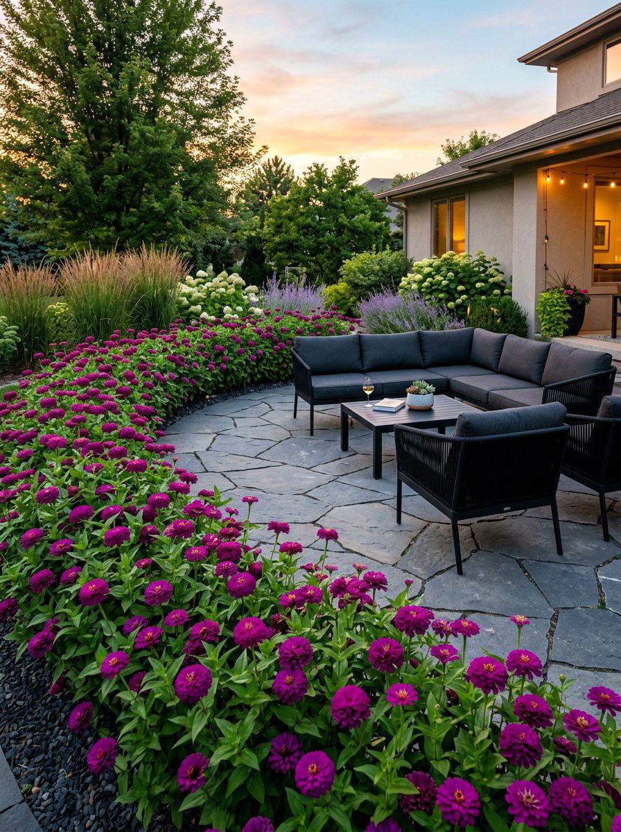 Purple Zinnia Patio Perimeter - 30 zinnia border ideas