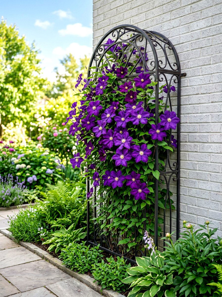 Purple clematis trellis - 30 purple flower garden ideas