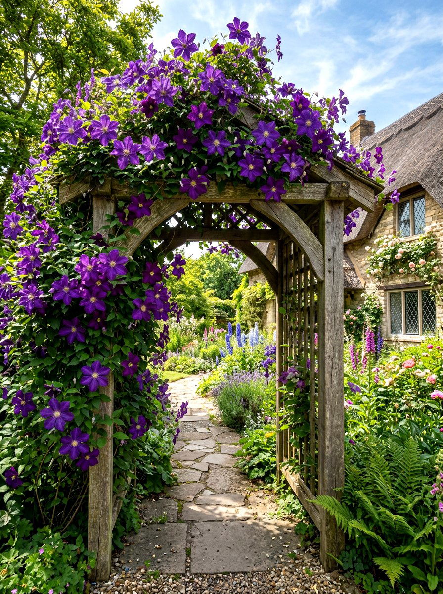Purple clematis trellis - 30 summer bloom garden ideas