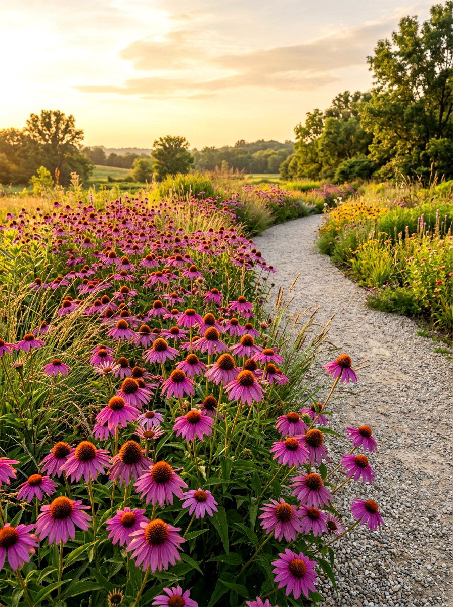 Purple coneflower border - 30 pollinator backyard garden ideas