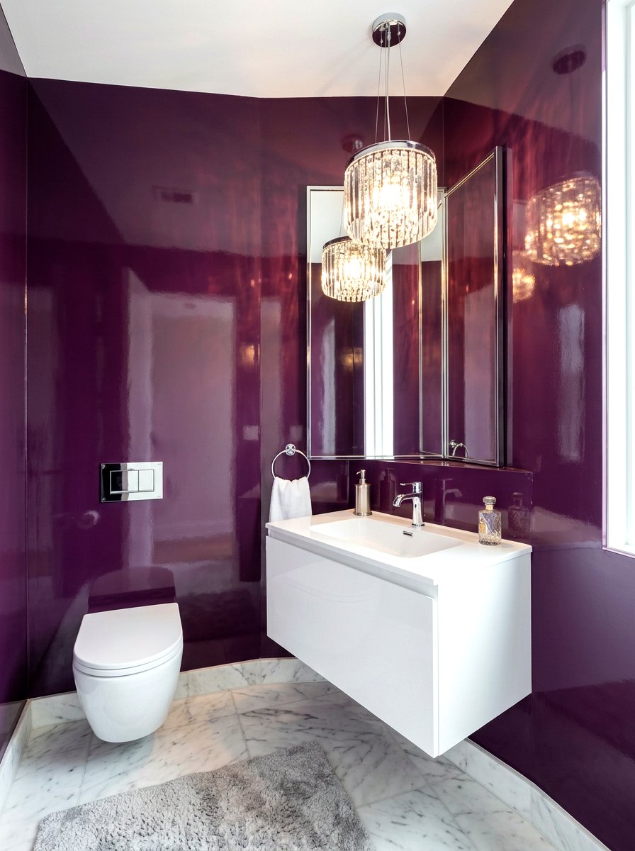 Purple gloss paint - 30 aubergine powder room ideas