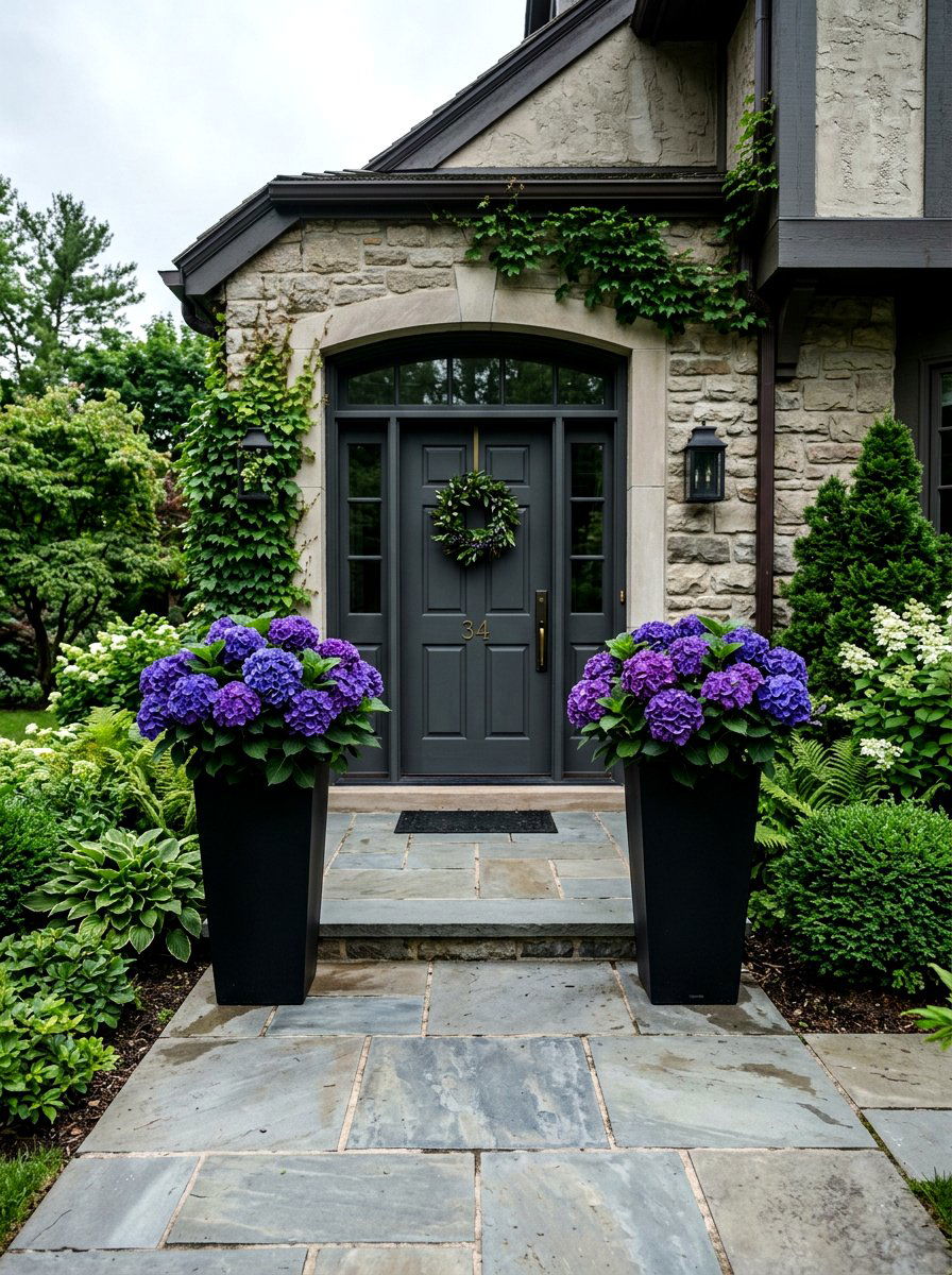 Purple hydrangea entryway pots - 30 hydrangea heavy front porch ideas