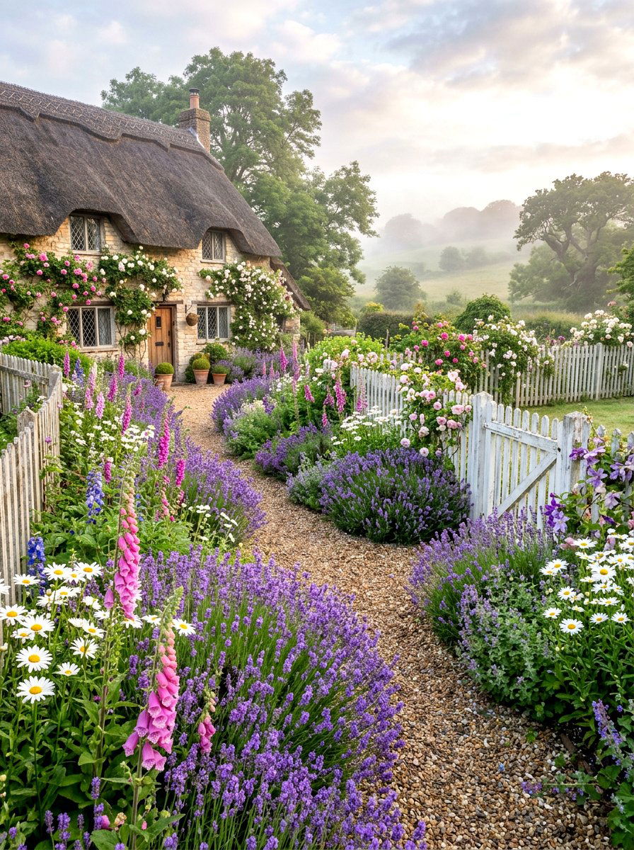 Purple lavender cottage garden - 30 lavender border ideas