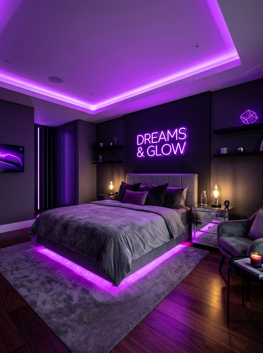 Purple neon glow bedroom theme - 30 futuristic glam bedroom ideas