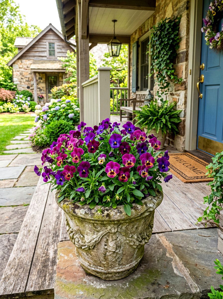 Purple pansy pot - 30 purple flower garden ideas