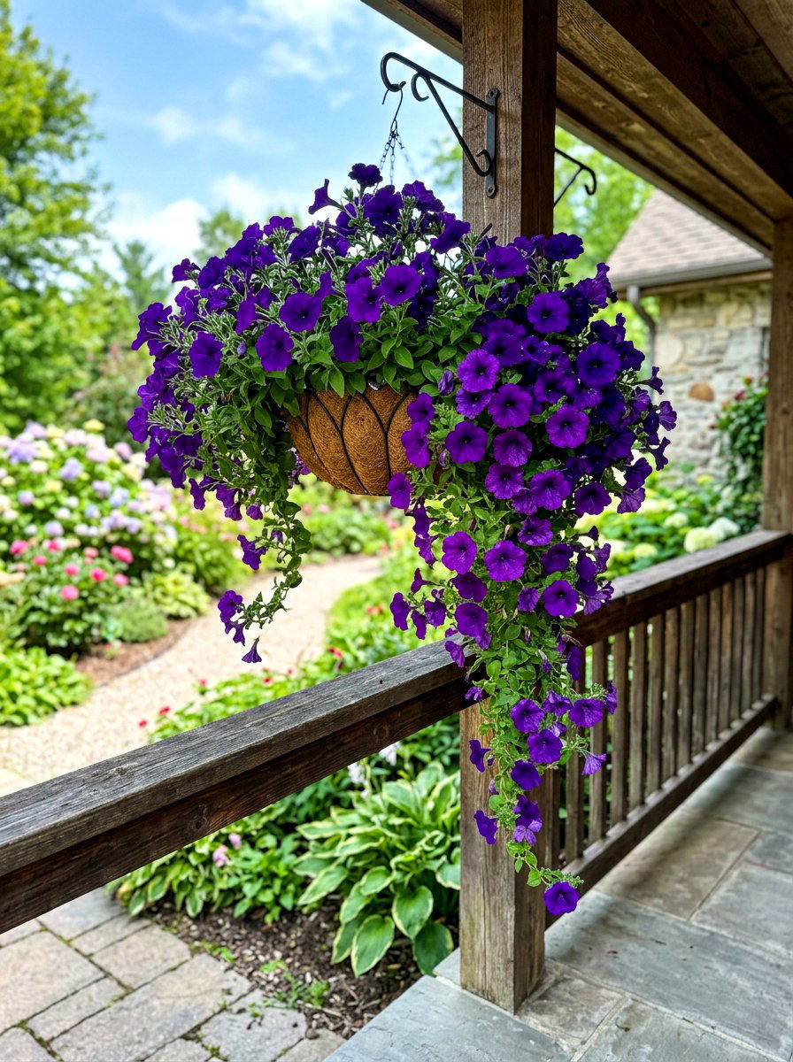 Purple petunia hanging basket - 30 summer bloom garden ideas