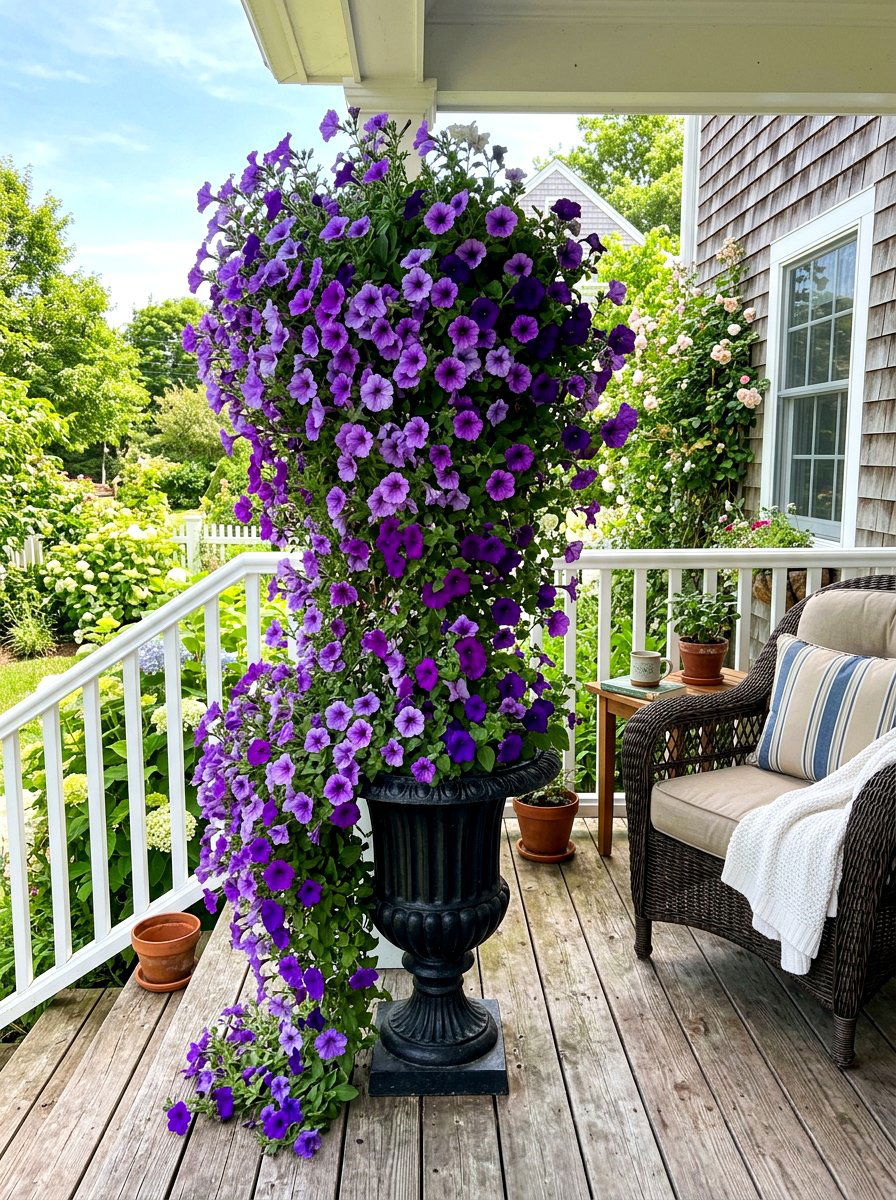 Purple petunia urn planter - 30 porch urn planter ideas