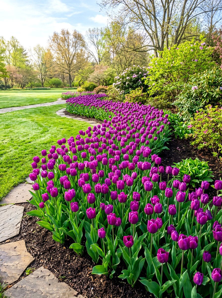 Purple tulip bulb display - 30 purple flower garden ideas