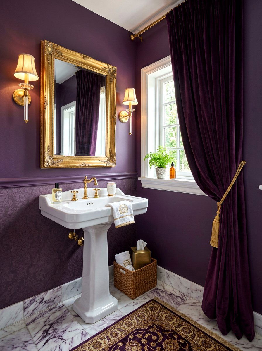 Purple window curtain - 30 aubergine powder room ideas