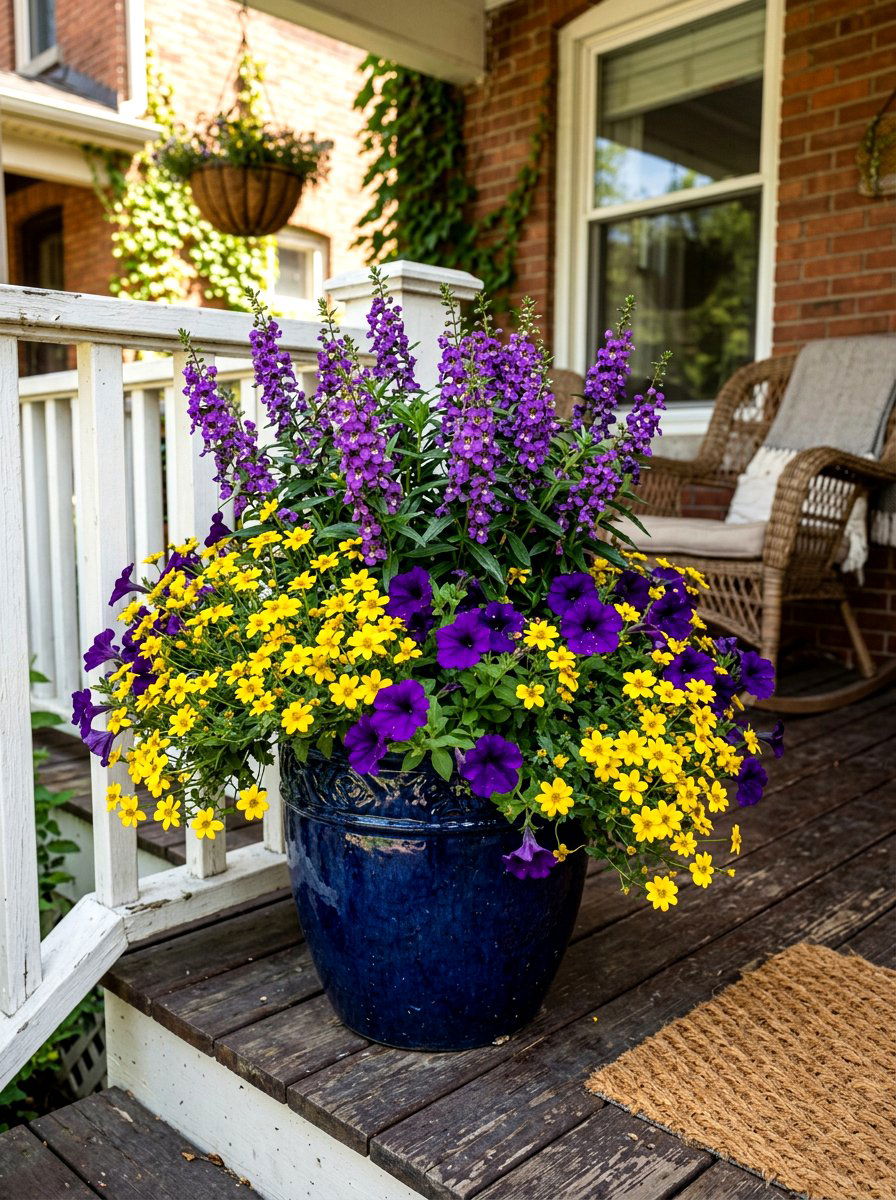 Purple yellow flower mix - 30 mixed container garden ideas