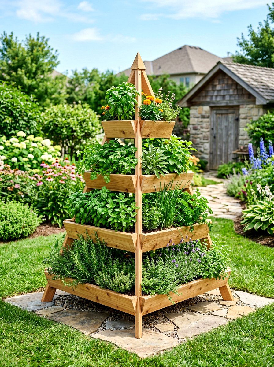 Pyramid herb garden tower - 30 backyard herb garden ideas