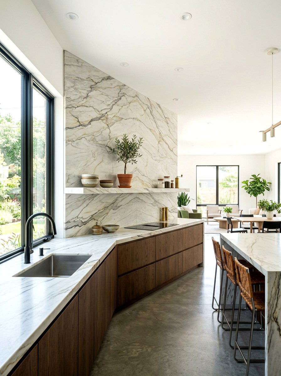 Quartzite Backsplash to Ceiling - 30 full slab stone wall kitchen ideas