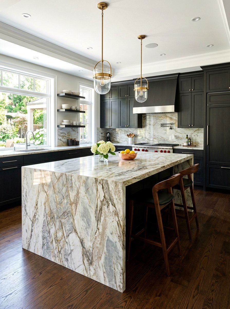 Quartzite kitchen island with waterfall - 30 statement island kitchen ideas
