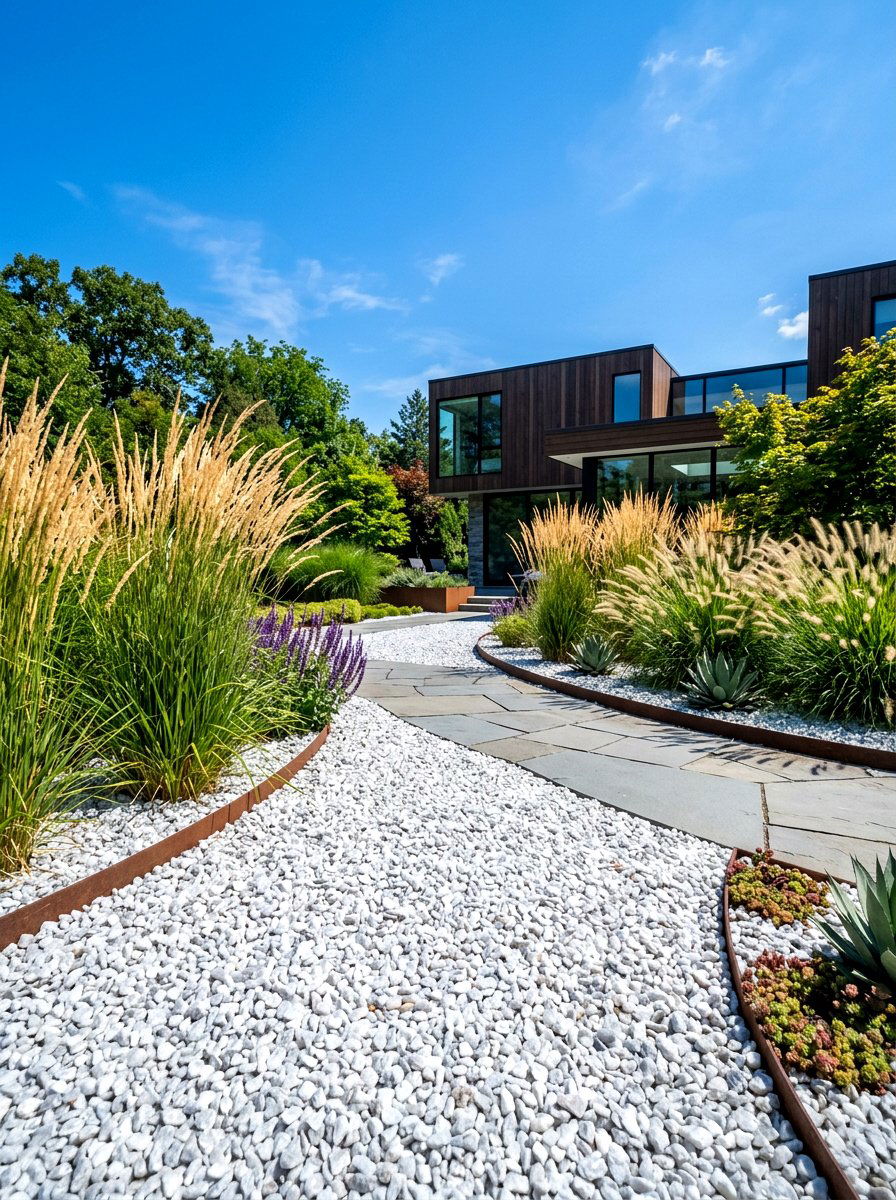 Quartzite mulch landscape - 30 stone mulch border ideas