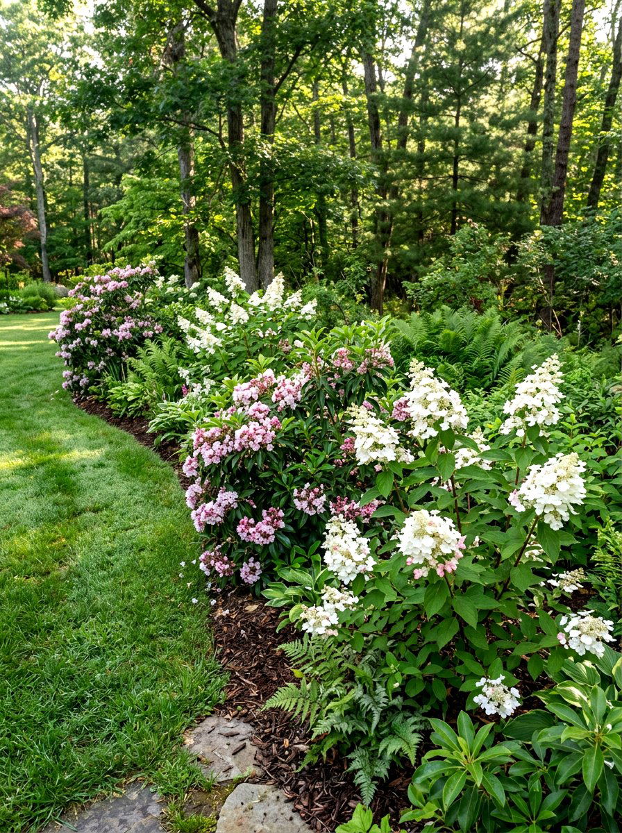 Quick Fire hydrangea and mountain laurel landscape - 30 evergreen and hydrangea landscape ideas