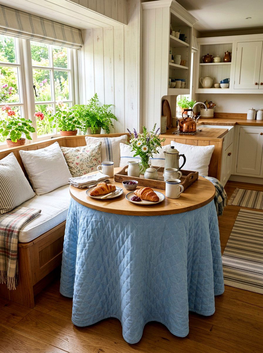 Quilted Fabric Breakfast Table - 30 skirted table ideas