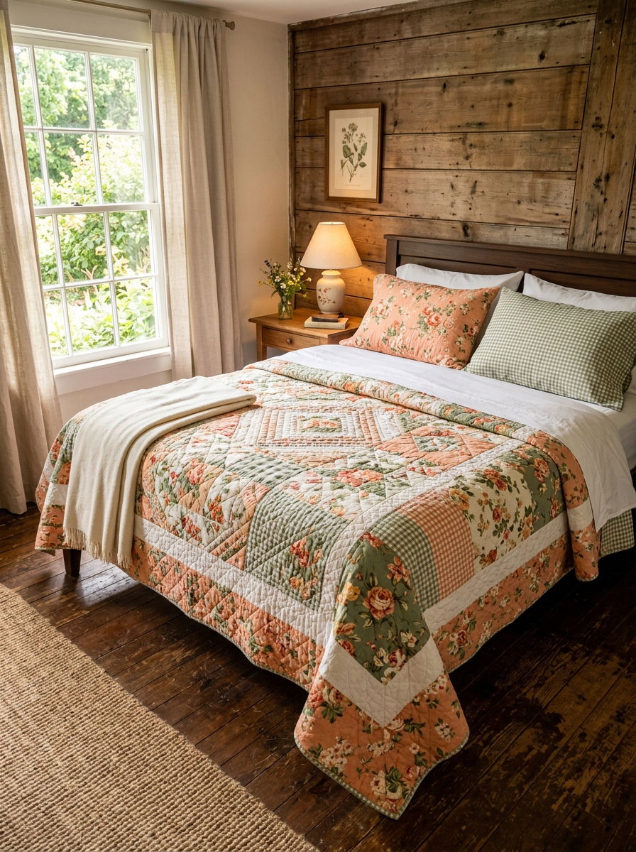 Quilted Patchwork Bedspread - 30 soft vintage bedroom ideas