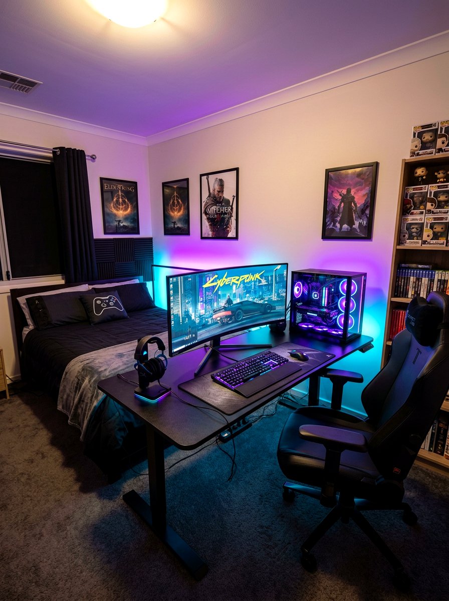 RGB Light Strip Gaming Setup - 30 gaming teen nook ideas
