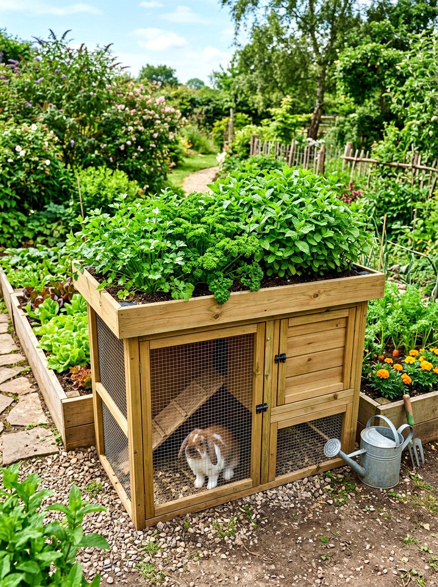 Rabbit hutch with herb garden roof - 30 rabbit hutch garden ideas