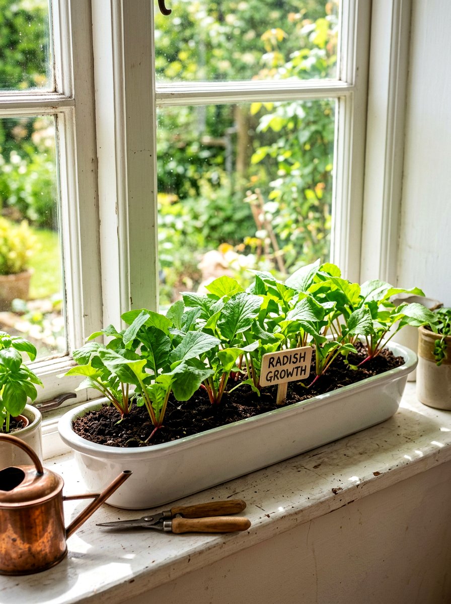 Radish Growth In Shallow Window Box - 30 windowsill vegetable garden ideas
